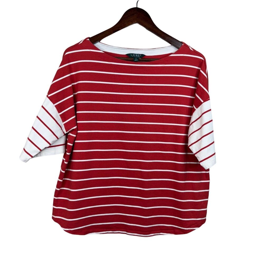 Lauren Ralph Lauren Women Red White Striped Top Lace-Up Sleeves Size XL‎ Preppy